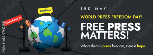 World Press Freedom Day. May 3rd World press freedom day celebration cover banner, post, horizontal banner in light black background with earth globe, microphones seized by barbed, fencing wire.