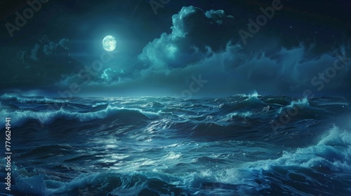 Convey the eerie calm of the ocean at night, with gentle waves glowing under the moonlight, adding a mystical allure to the seascape. © Sasint