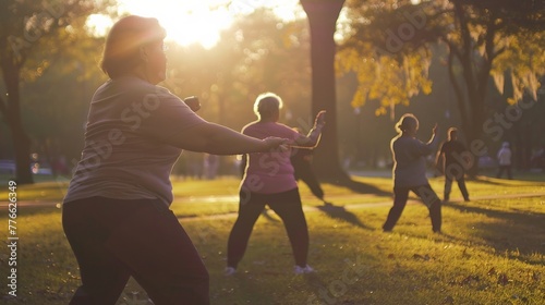 Depict a serene morning as fat women practice Tai Chi in a tranquil park, their synchronized movements creating a peaceful harmony, emphasizing balance, mental well-being, and the beauty of slow