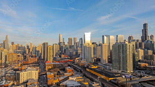 Drone view of the city of Downtown Chicago during the afternoon time 