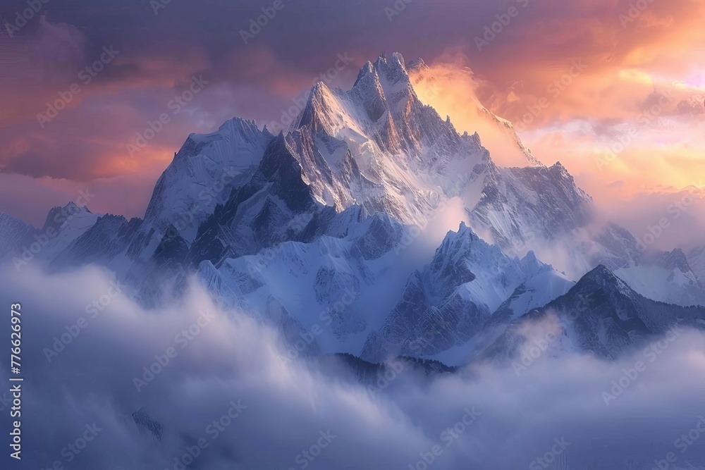 Snow-capped mountain peaks rising above a misty valley at sunrise, majestic landscape photography - obrazy, fototapety, plakaty 