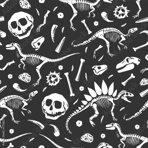 Dinosaur bones and fossils seamless pattern. Vector illustration on black background.