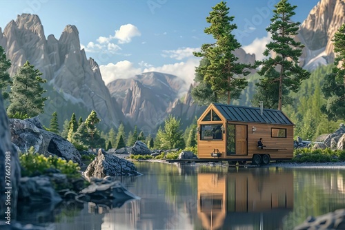 Tiny house on wheels parked in a scenic landscape, sustainable living concept, 3D rendering © Lucija