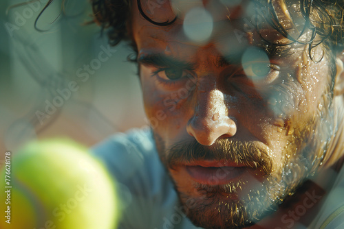 European male tennis player and blurred tennis ball, expressing his deep love for the sport, dedication and passion of athlete and game concept © angyim