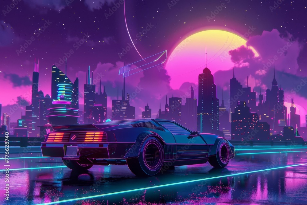 Retro futuristic cityscape with neon lights and vintage car under purple sky, synthwave style digital art