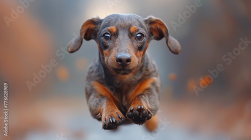 Dachshund Puppy in Mid-Jump with Blurred Autumn Background