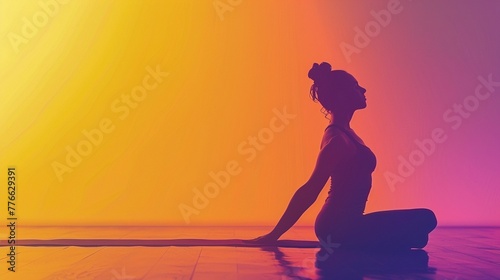  A woman doing a yoga on the floor of a stage with lighting in yellow and purple shading