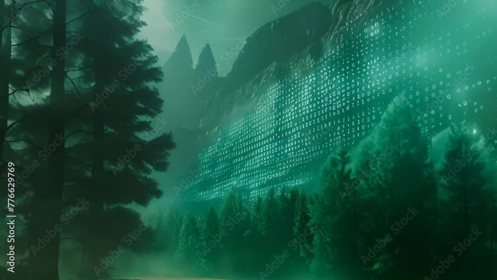 Digital Matrix Code Descending Over Forest with Ai generated.
