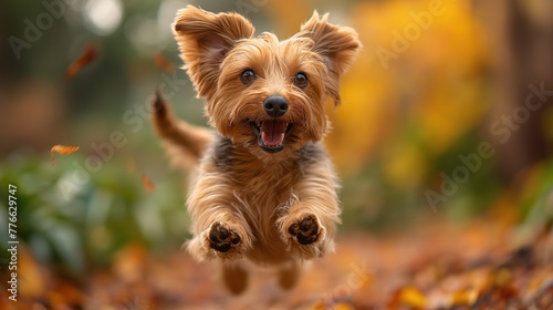 Joyful Dog Leaping Through Autumn Leaves © VGV
