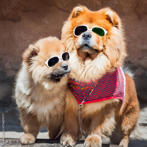 two chow chow dogs with sunglasses  photo