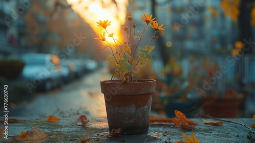 Warm Autumn Glow on Potted Flowers at Sunset © VGV