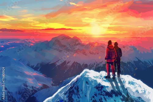 Hikers couple enjoying breathtaking mountain view at winter sunrise, digital painting
