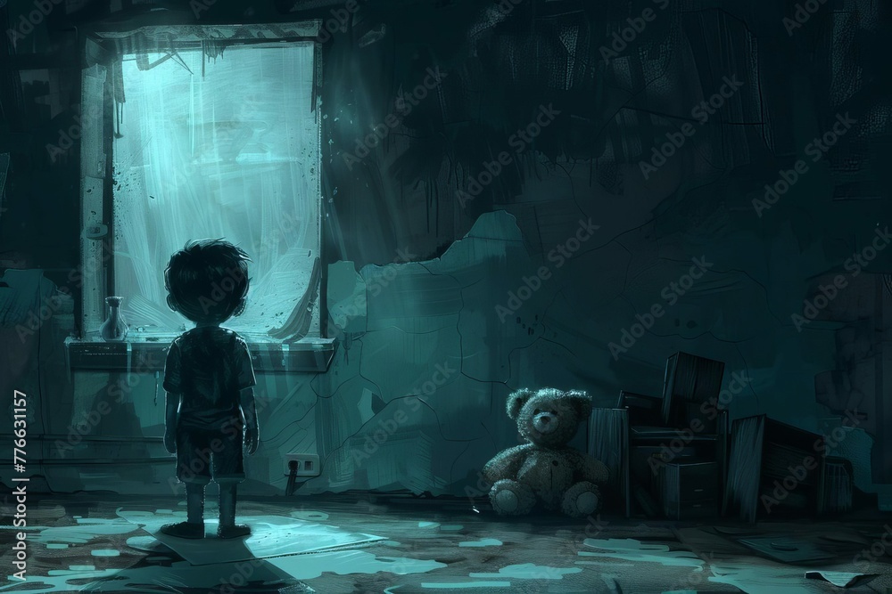 Lonely boy with teddy bear in dark abandoned room, digital illustration