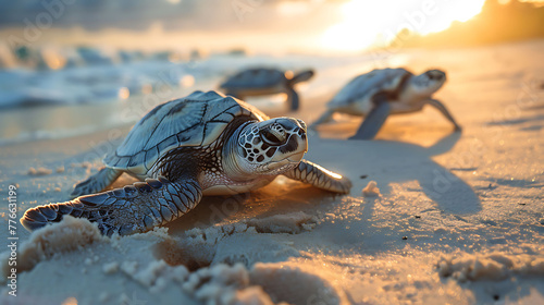 Turtles nesting on sandy shores