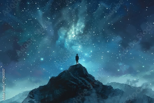 Man standing on mountain at night with starry sky and Milky Way, digital painting
