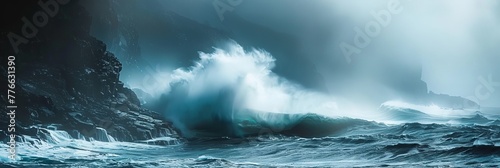 the dramatic contrast of a stormy sea  with towering waves crashing against rugged cliffs  showcasing the raw power of nature.