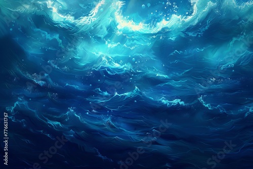 Abstract underwater scene with blue ocean waves, digital illustration photo