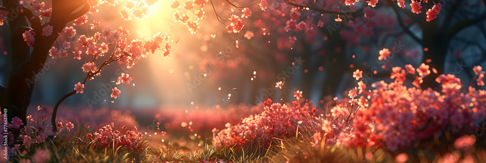 fire in the grass,
 Sunlit Path with Falling Cherry Blossoms in Spring