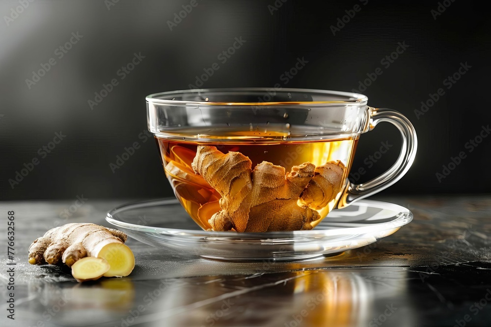 Translucent glass cup filled with aromatic ginger tea, healthy beverage ...