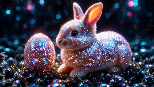 Sitting sparkling Easter bunny with an Easter egg against dark background