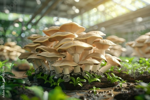 Oyster mushrooms growing on substrate in mushroom farm, agriculture and cultivation concept, realistic 3D illustration