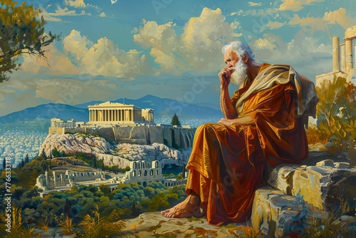 Ancient Greek philosopher contemplating, Acropolis of Athens in background, wisdom and enlightenment concept, oil painting photo