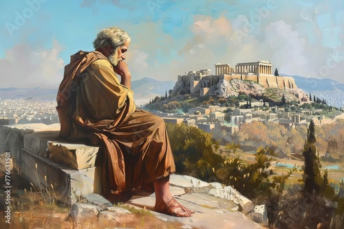 Ancient Greek philosopher contemplating, Acropolis of Athens in background, wisdom and enlightenment concept, oil painting