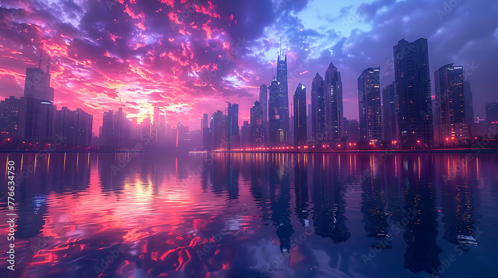 Vibrant cityscape reflected in harbor at sunrise