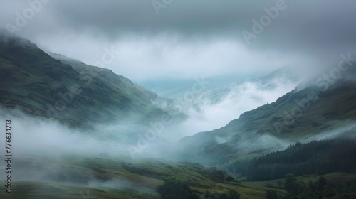 Landscape of mountains and pine forest with mist and fog at morning.