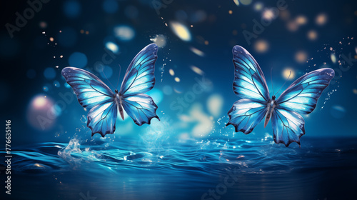 Ethereal Blue Butterflies Over Water at Night