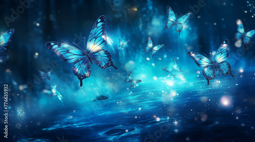 Magical Blue Butterflies Fluttering in Sparkling Night Sky