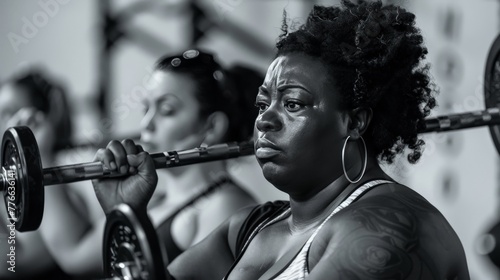 a powerful image of fat women lifting weights in a gym, their faces focused and determined, highlighting strength, empowerment, and the challenge of personal goals within a supportive community. photo