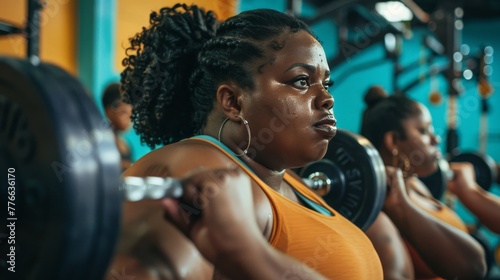 a powerful image of fat women lifting weights in a gym, their faces focused and determined, highlighting strength, empowerment, and the challenge of personal goals within a supportive community.