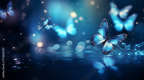 Luminous Blue Butterflies Flying over Water at Night