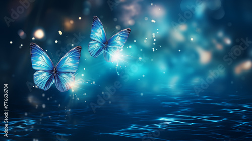 Glowing Blue Butterflies and Sparkles on Watery Surface