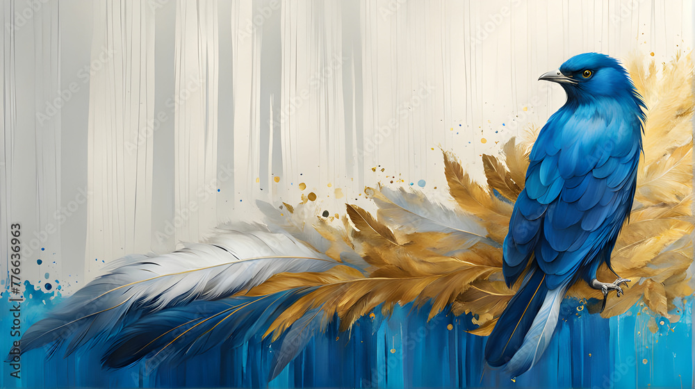 Obraz premium Vintage illustration with feathers, blue and gold brushstrokes. Textured background. Oil on canvas. Modern Art. Grey, wallpaper, poster, card, mural, print, wall art. 