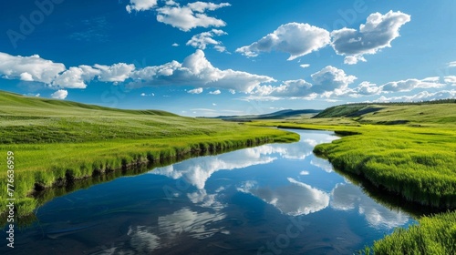 A panorama of a vast meadow with a winding river snaking through it, reflecting the vibrant blue sky © ktianngoen0128