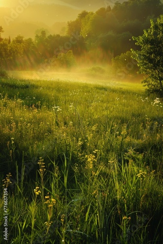 A panoramic view of a lush green meadow bathed in the golden light of dawn, with a gentle mist rising from the ground photo