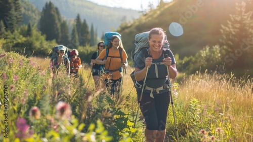 a spirited hiking adventure where fat women traverse beautiful landscapes, their laughter and conversations echoing as they navigate trails, embodying adventure, camaraderie photo
