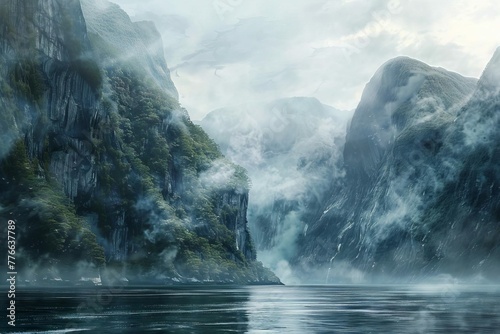 Majestic Fjord Landscape with Steep Cliffs and Misty River  Fantasy Foggy Scenery Inspired by Doubtful Sound  New Zealand  Digital Painting