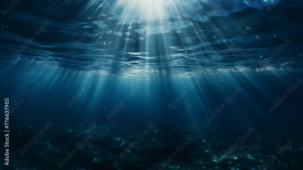 Sunlight Piercing Ocean Depths with Fish Silhouettes Sunlight Piercing Ocean Depths with Fish Silhouettes