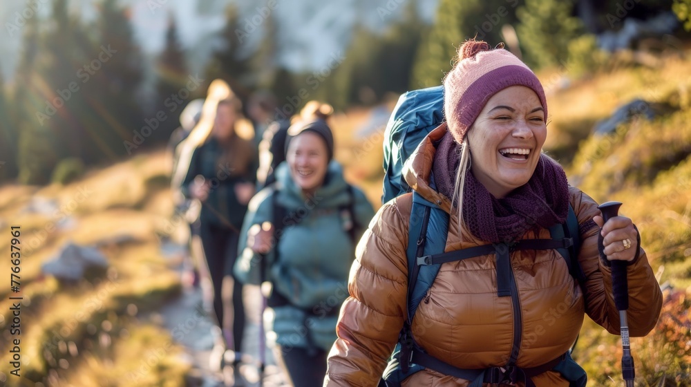 a spirited hiking adventure where fat women traverse beautiful landscapes, their laughter and conversations echoing as they navigate trails, embodying adventure, camaraderie a spirited hiking adventure where fat women traverse beautiful landscapes, their laughter and conversations echoing as they navigate trails, embodying adventure, camaraderie
