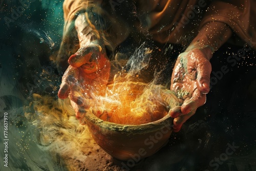 God's Hands Shaping a Potter's Clay Vessel, Spiritual Metaphor for Divine Guidance and Creation, Digital Illustration