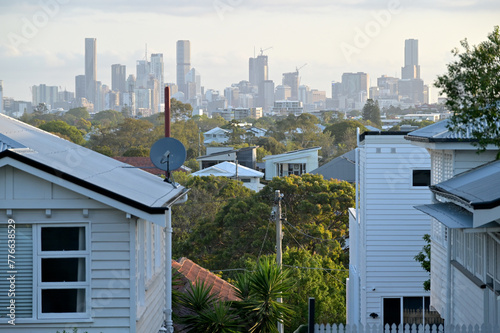Residential houses against Brisbane City skyline in Queensland Australia