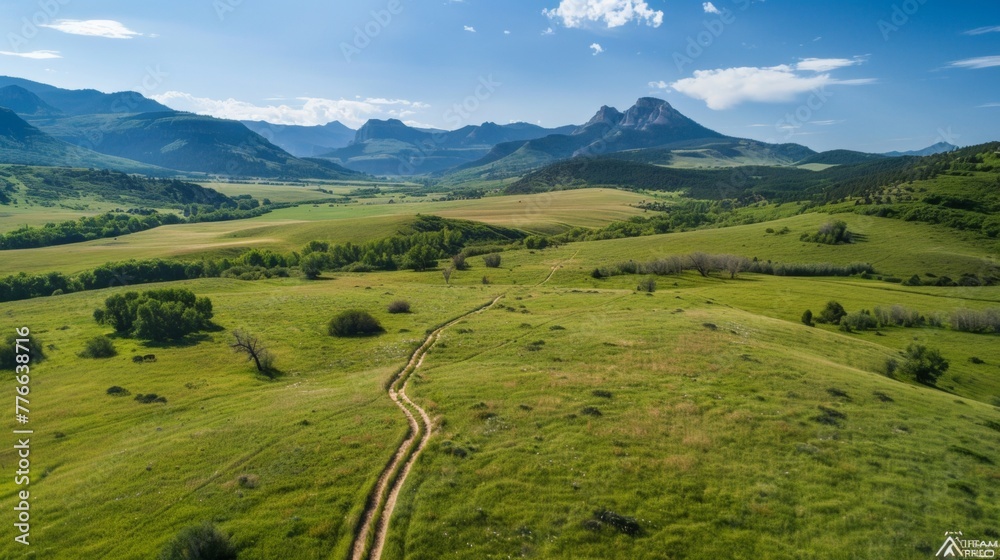 Aerial perspective of a hiking trail winding through a lush green meadow, leading towards a breathtaking mountain range
