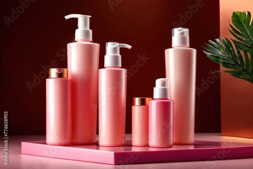 Product packaging mockup photo of plastic cosmetic lotion bottle, studio advertising photoshoot