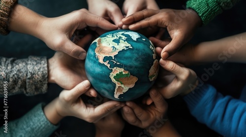 top view hands holding globe with people figurines. High quality photo photo