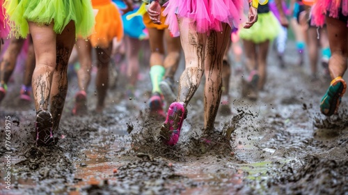 Close-up: Mud-splattered legs of runners in neon tutus and fairy wings