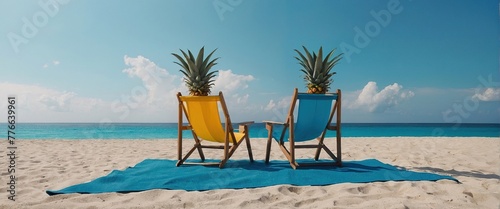 Summer beach concept  chair with ring floating and pineapple on blue background