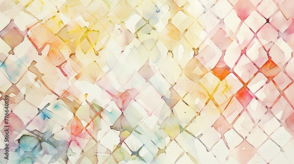 Fototapeta premium Delicate geometric pattern, watercolor wash over fine geometric lattice